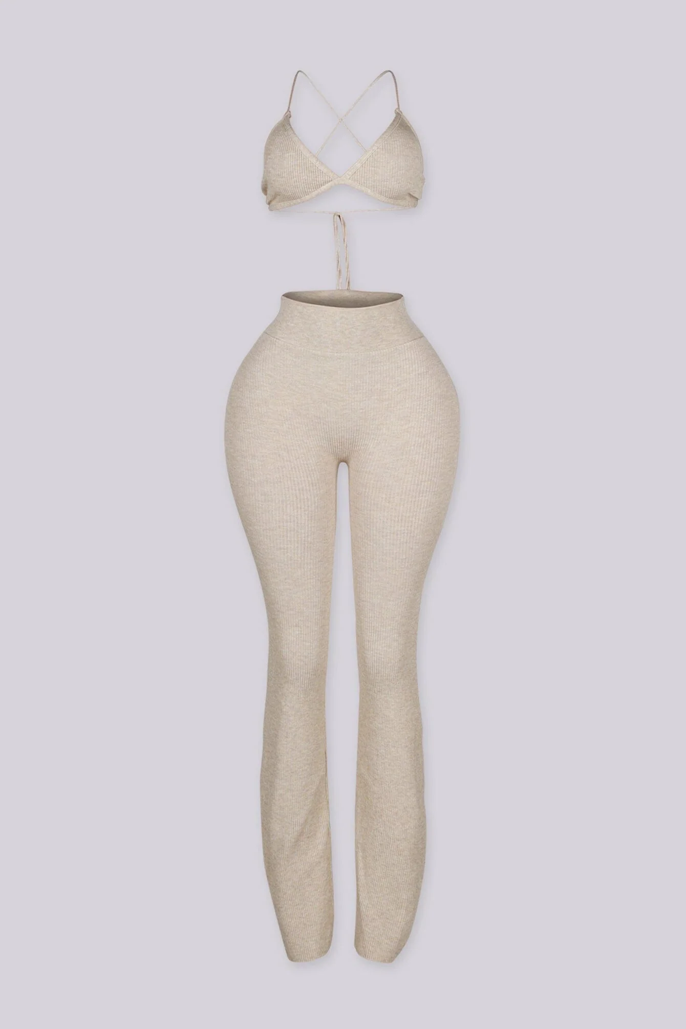 Venna Ribbed Knit Bra Top & Flare Pants SET