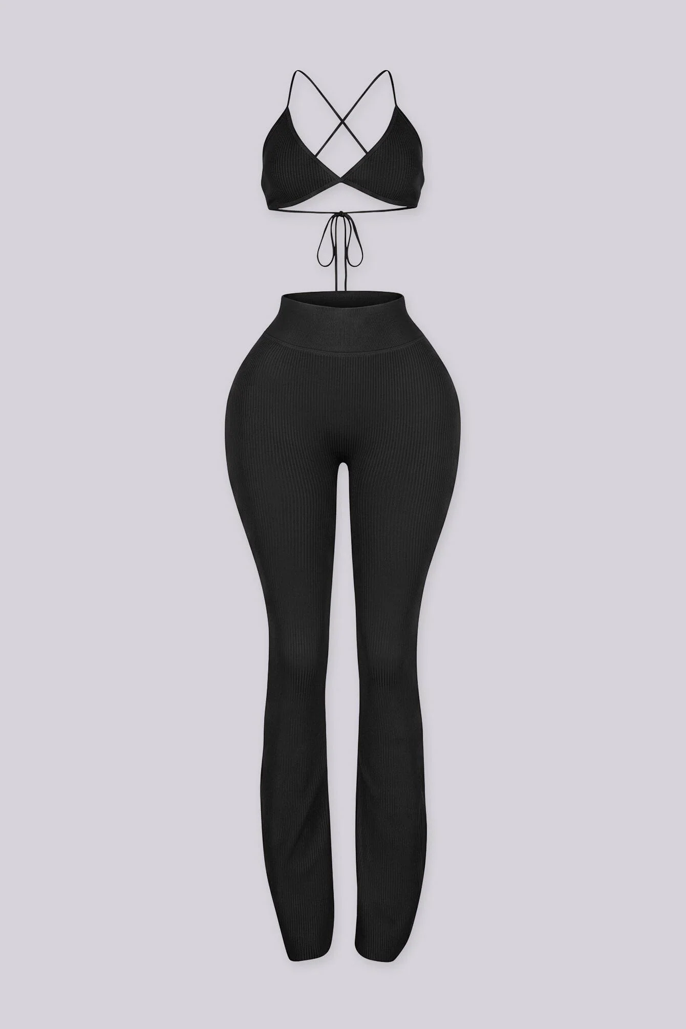 Venna Ribbed Knit Bra Top & Flare Pants SET