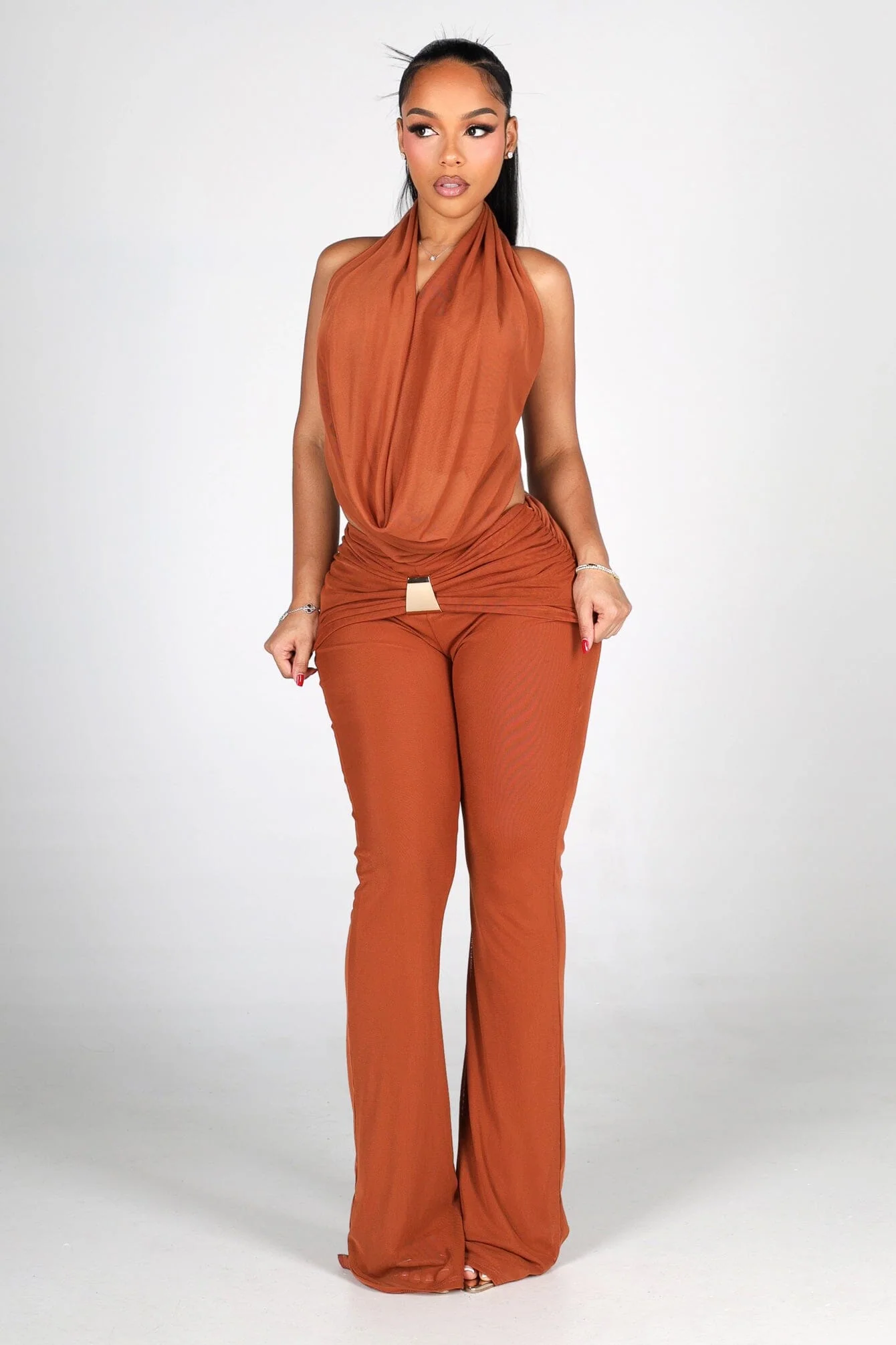 Haviolla Mesh Halter Top & Flare Pants SET