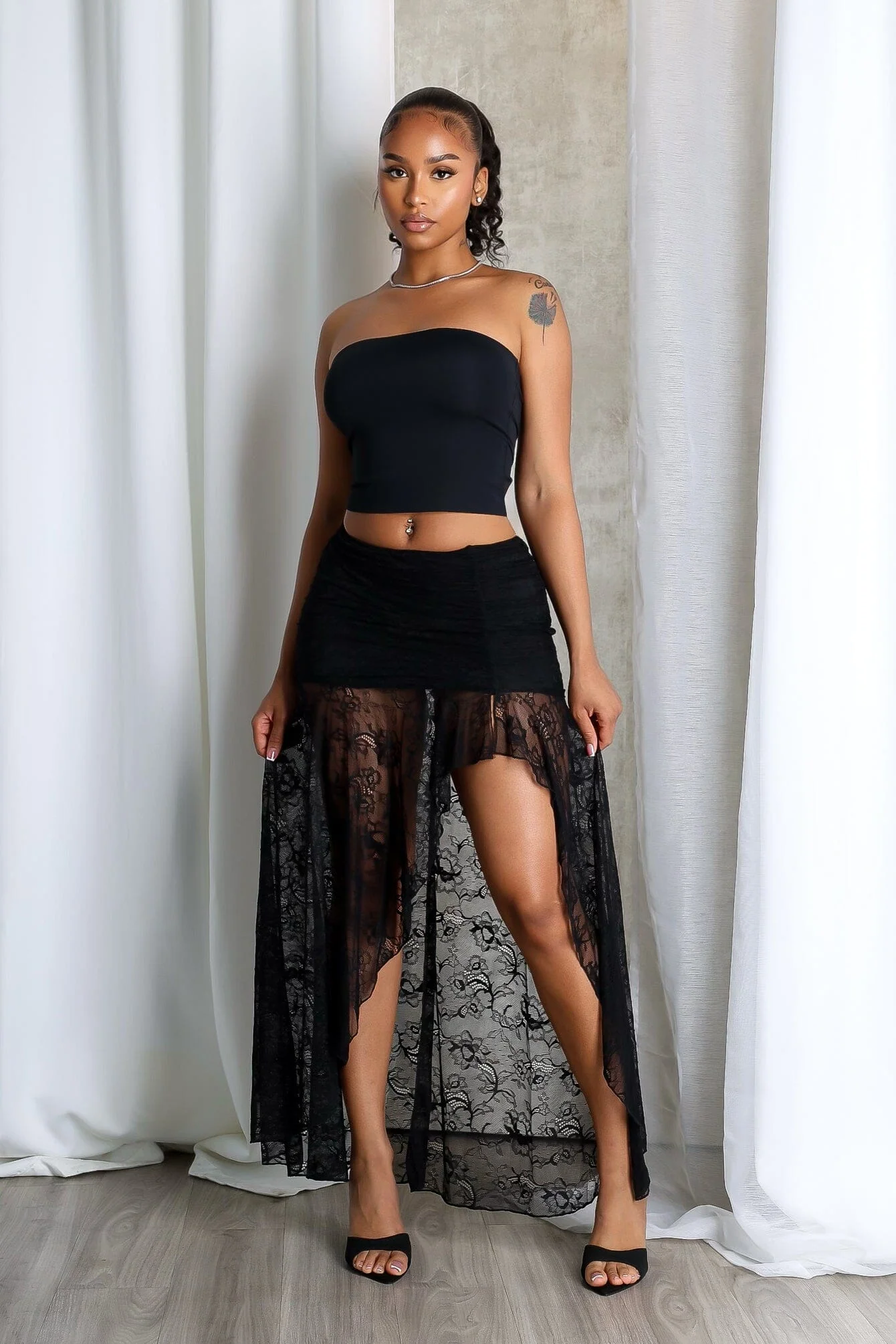 Noctelle Nights Mesh Lace Midi Skirt