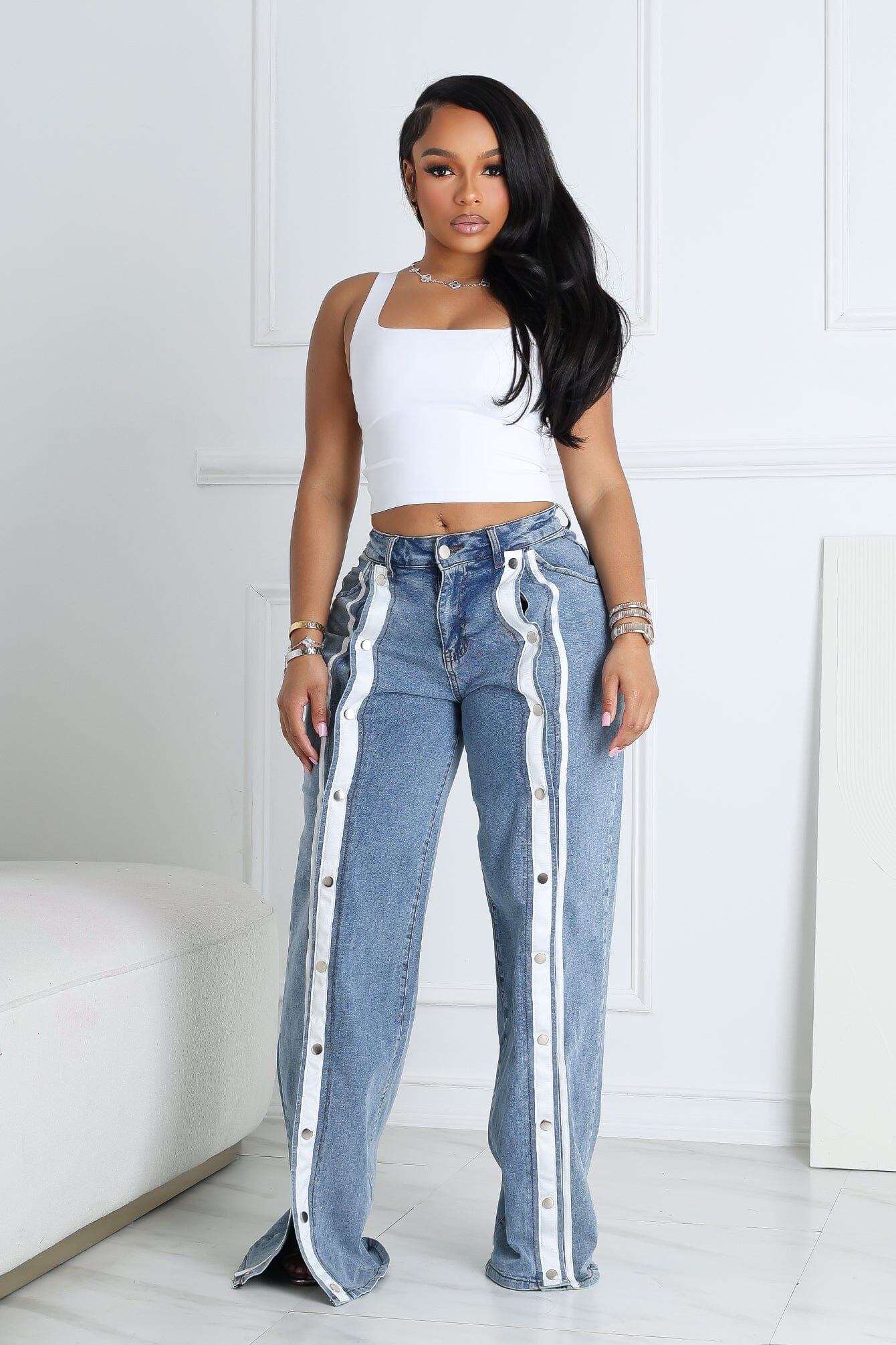 Retro Snap Button Denim Jeans with Stripes