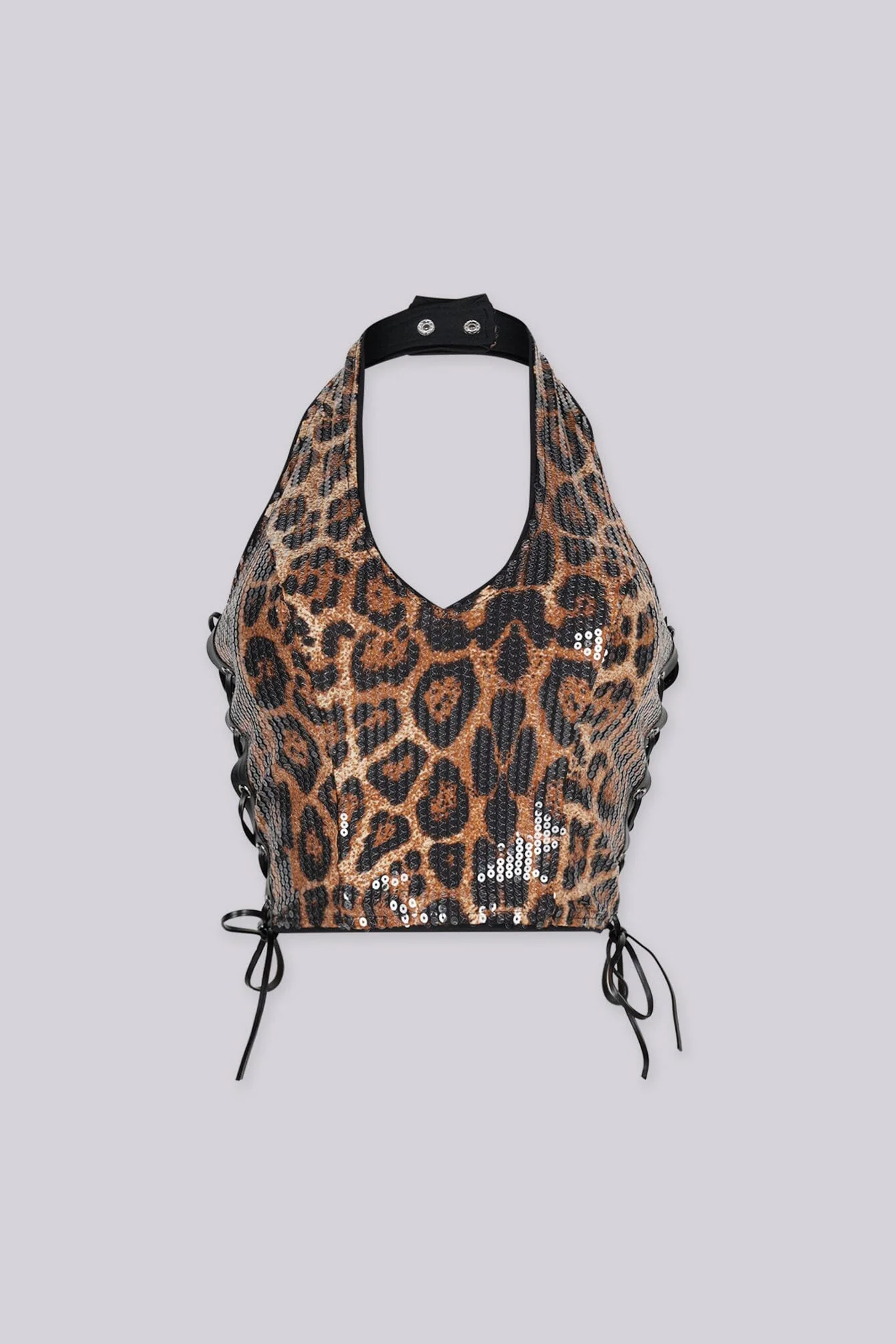Jorba Leopard Sequin Halter Crop Top