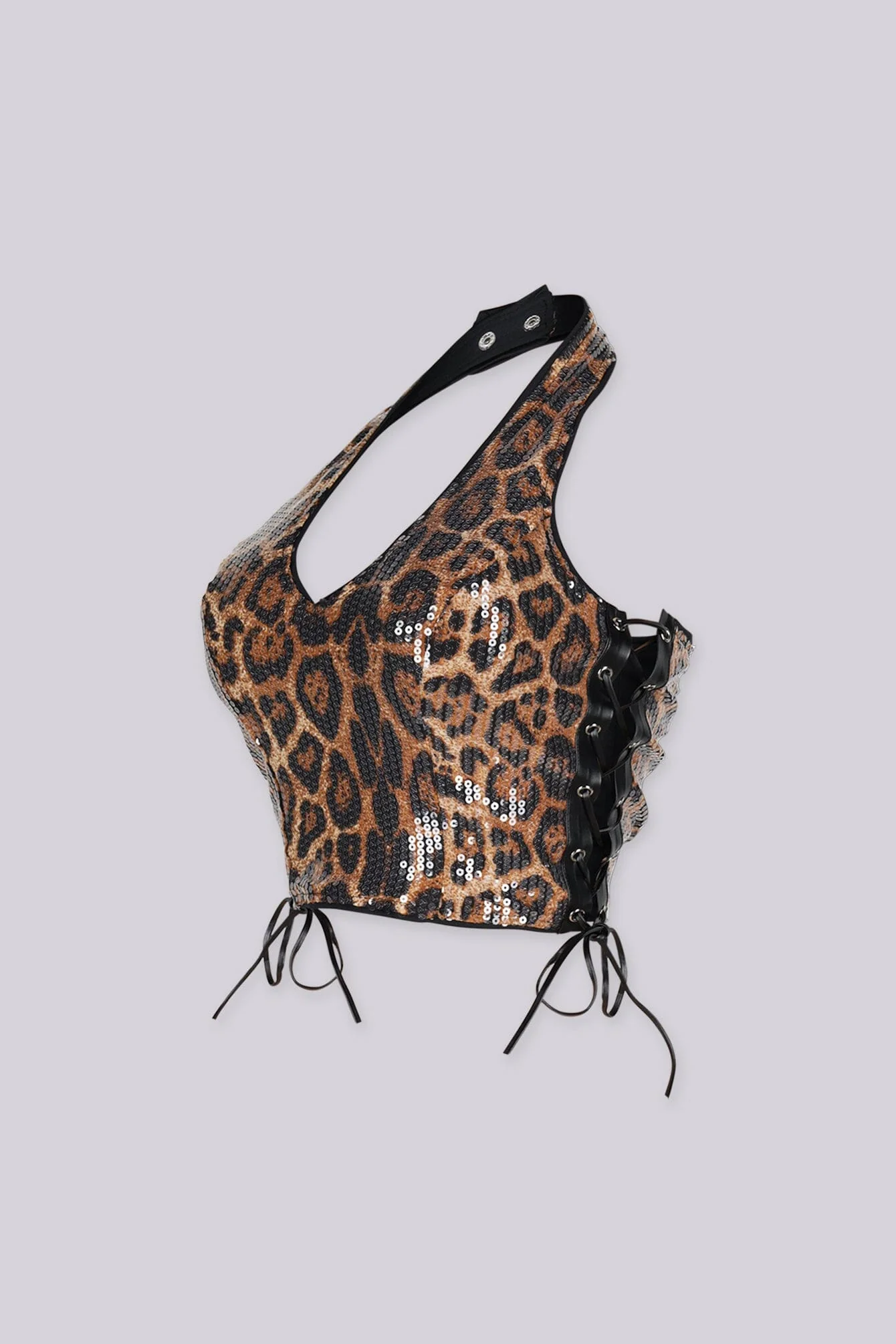 Jorba Leopard Sequin Halter Crop Top