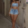 Cross Your Mind Patched Light Denim Shorts