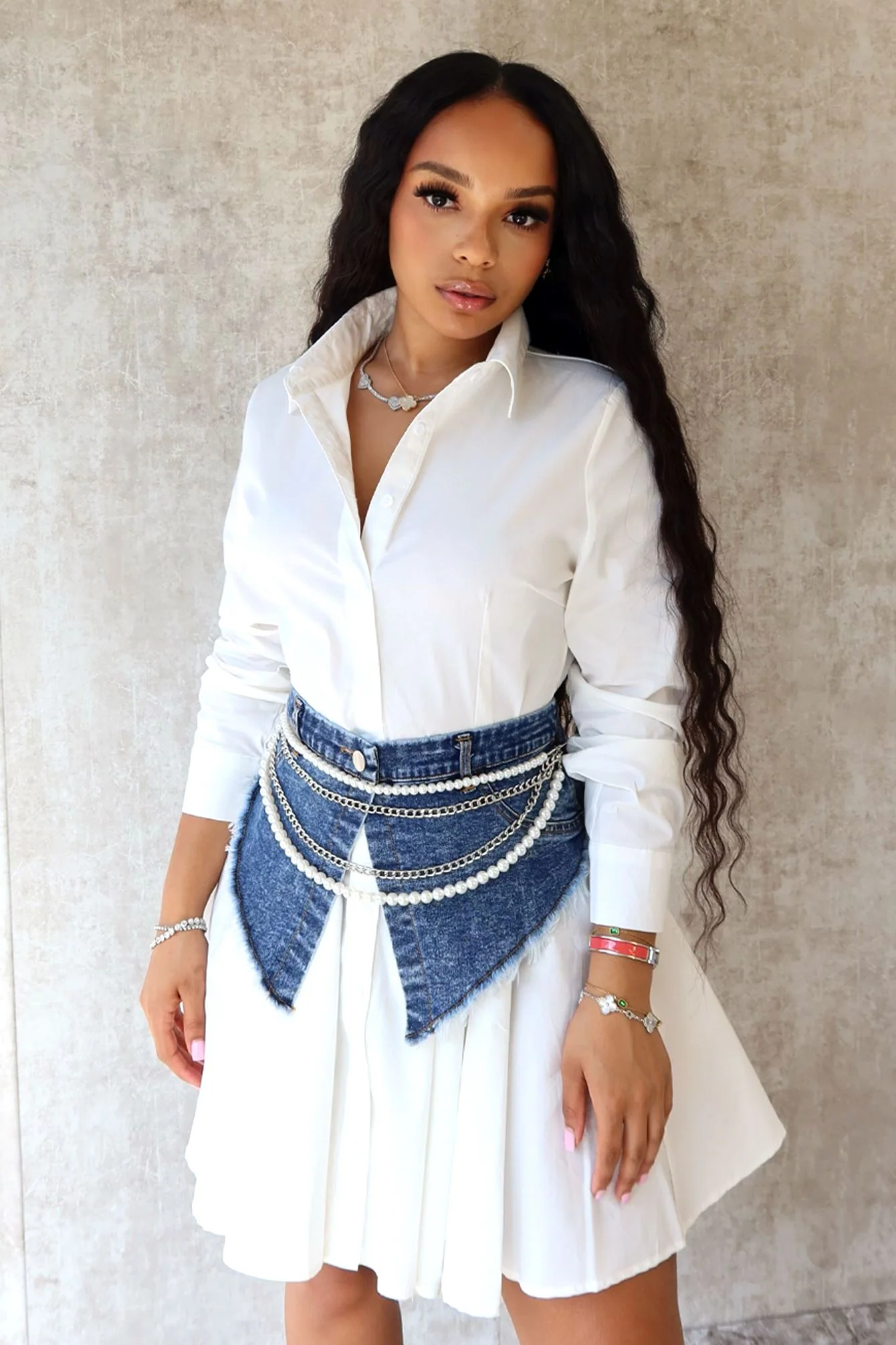 Thea Pearl & Chain Draped Denim Belt
