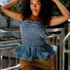 Helena Washed Denim Smocking Tube Top