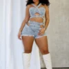 Stop Talking Denim Top & Cut Out Shorts SET