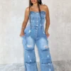 Gabri Cargo Washed Denim Jumpsuit