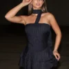 Broker Pinstripe Tie Neck Mini Dress