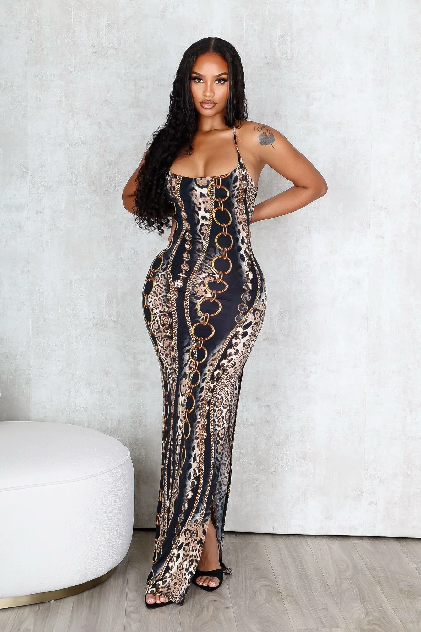 Baroque Blaze Printed Backless Maxi Dress