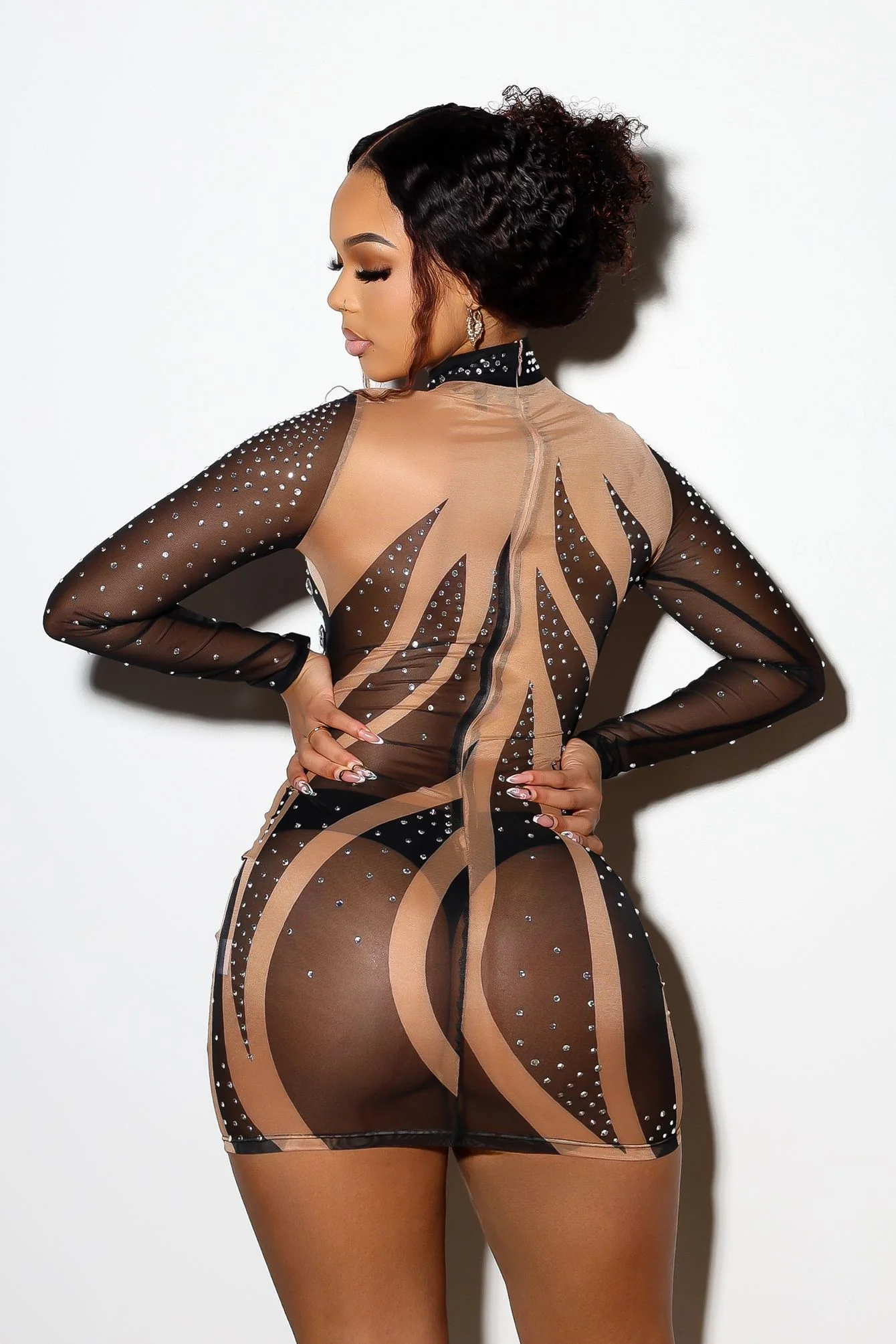 Elira Long Sleeve Rhinestone Mesh Dress