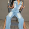 Snap It Out Wide Leg Denim Jumpsuit
