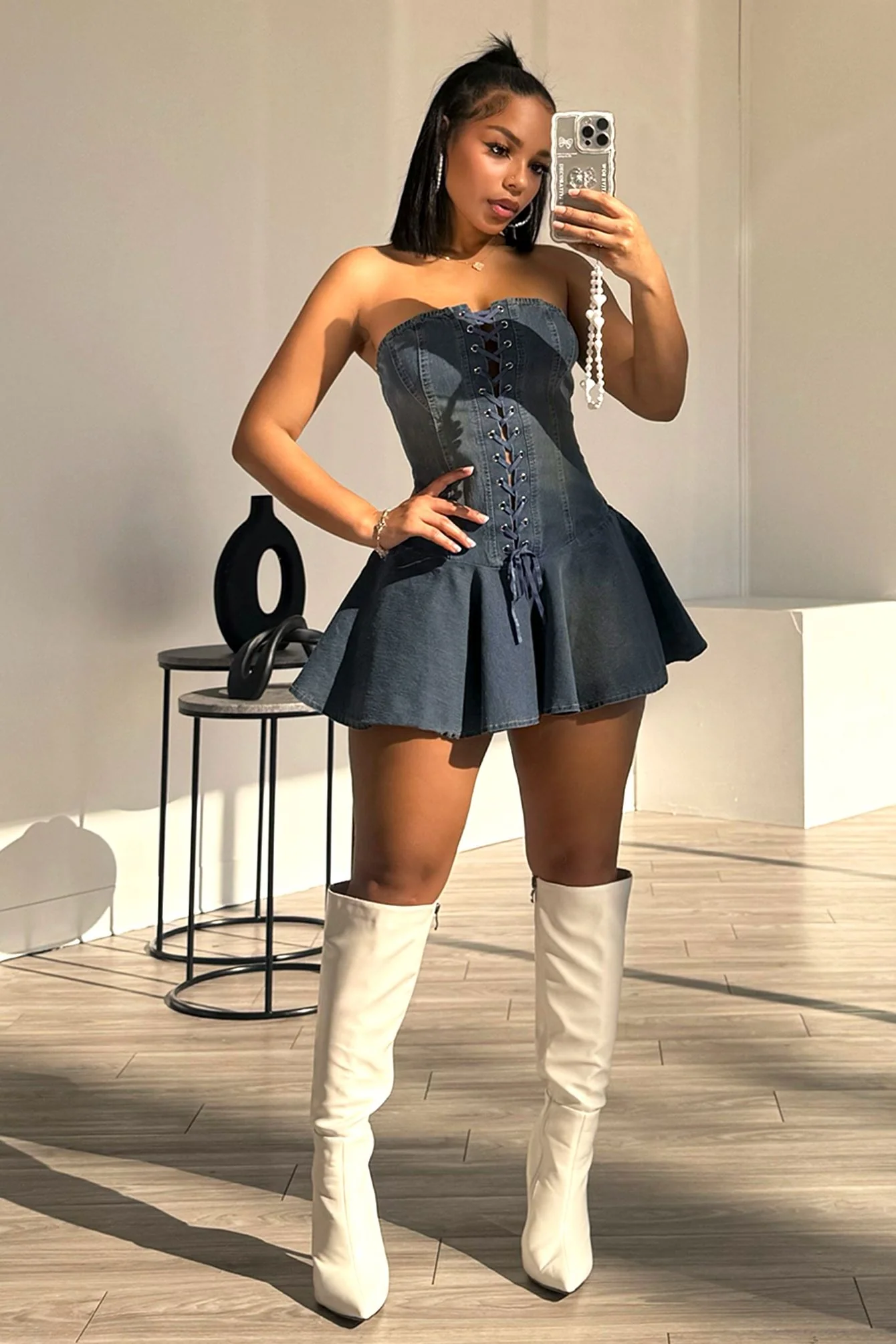 Sweet Denim Corset Flare Mini Dress