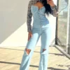 Giddy Up Plaid Shirt Denim Jumpsuit