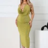 Truffle Slinky Cowl Neck Halter Midi Dress