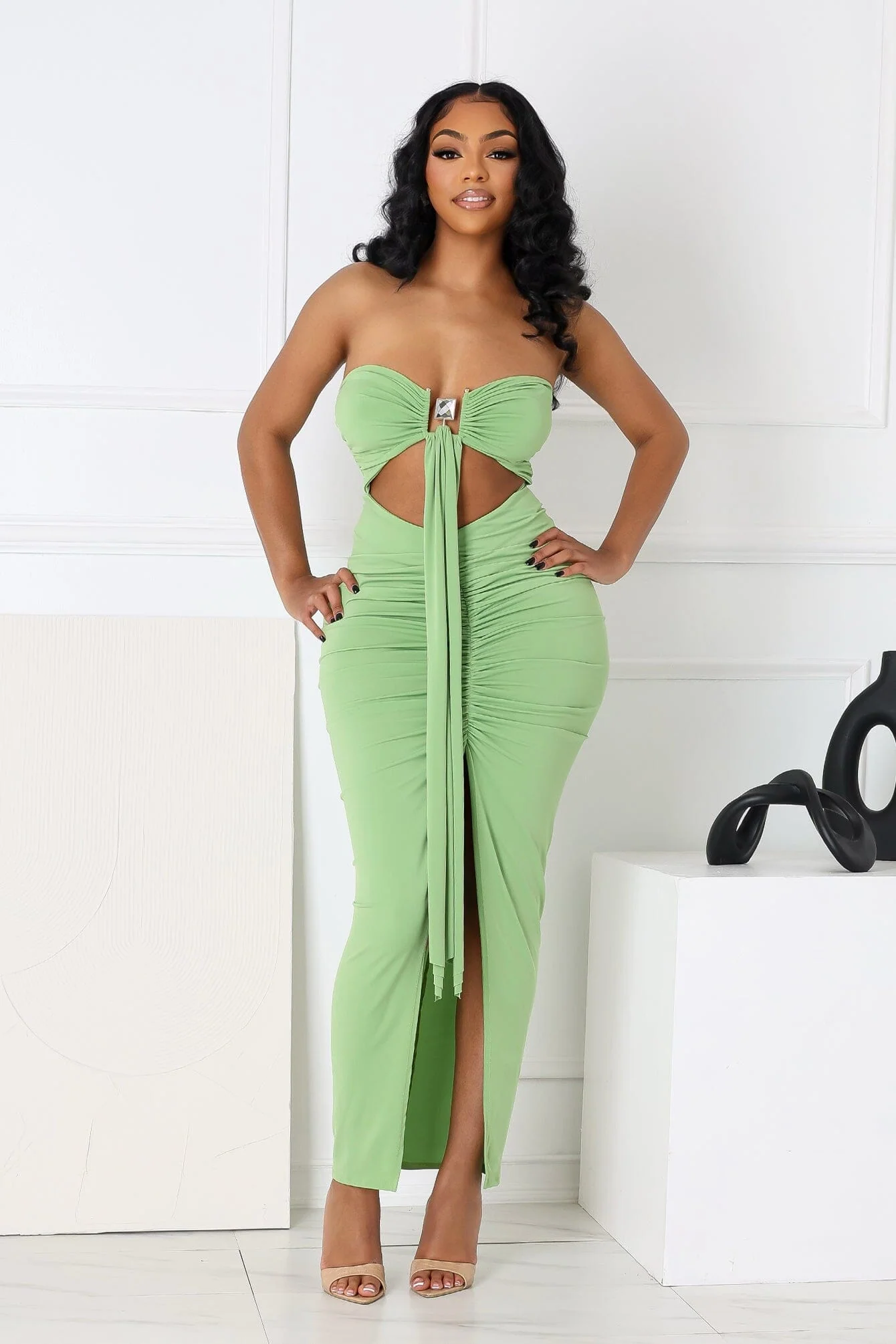 Dazzling Rhinestone Metal Detail Tube Maxi Dress