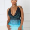 Turquoise Cowl Neck O Ring Mini Dress