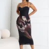 Camellia Floral Mesh Bustier Tank Midi Dress