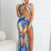 Blue Marble Printed Mesh Halter Dress