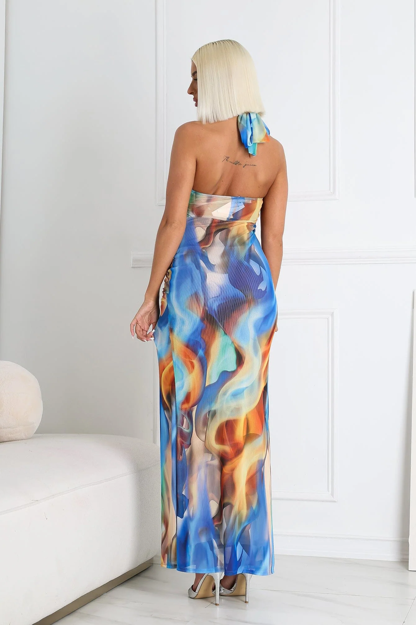 Blue Marble Printed Mesh Halter Dress