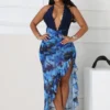 Fitted Mesh Printed Halter Maxi Dress