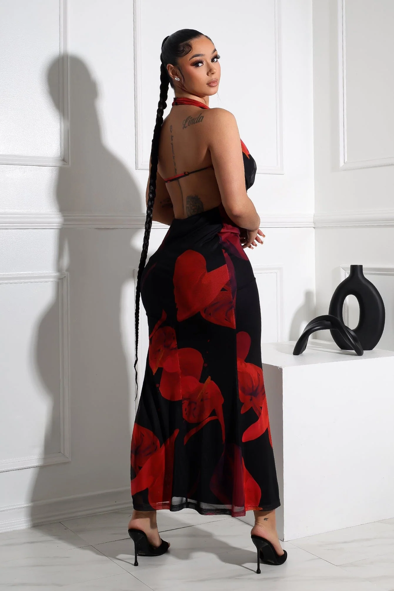 Tatum Mesh Rose Halter Cowl Maxi Dress