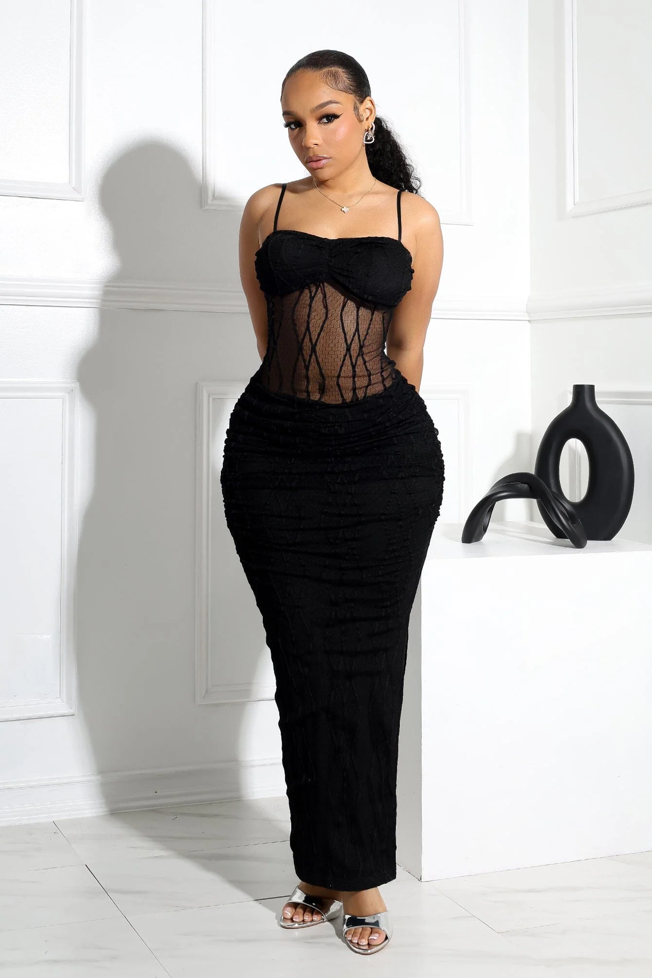 Rhoda Mesh Tank Ruching Maxi Dress